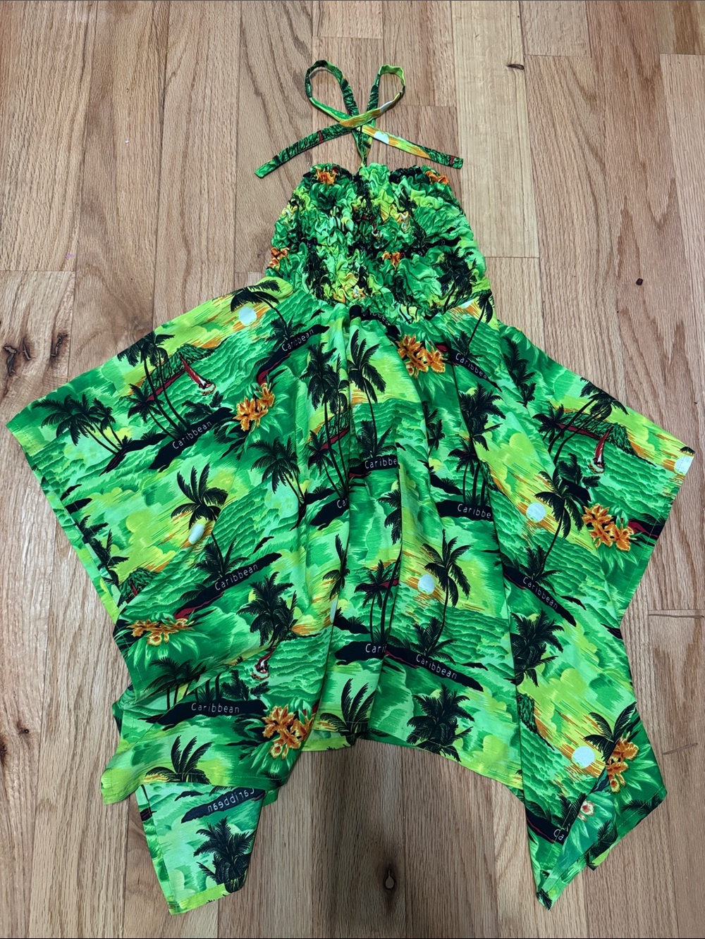 Green Tropical Halter Beach Dress with Palm Print